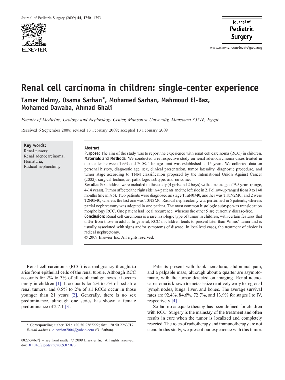 Renal cell carcinoma in children: single-center experience