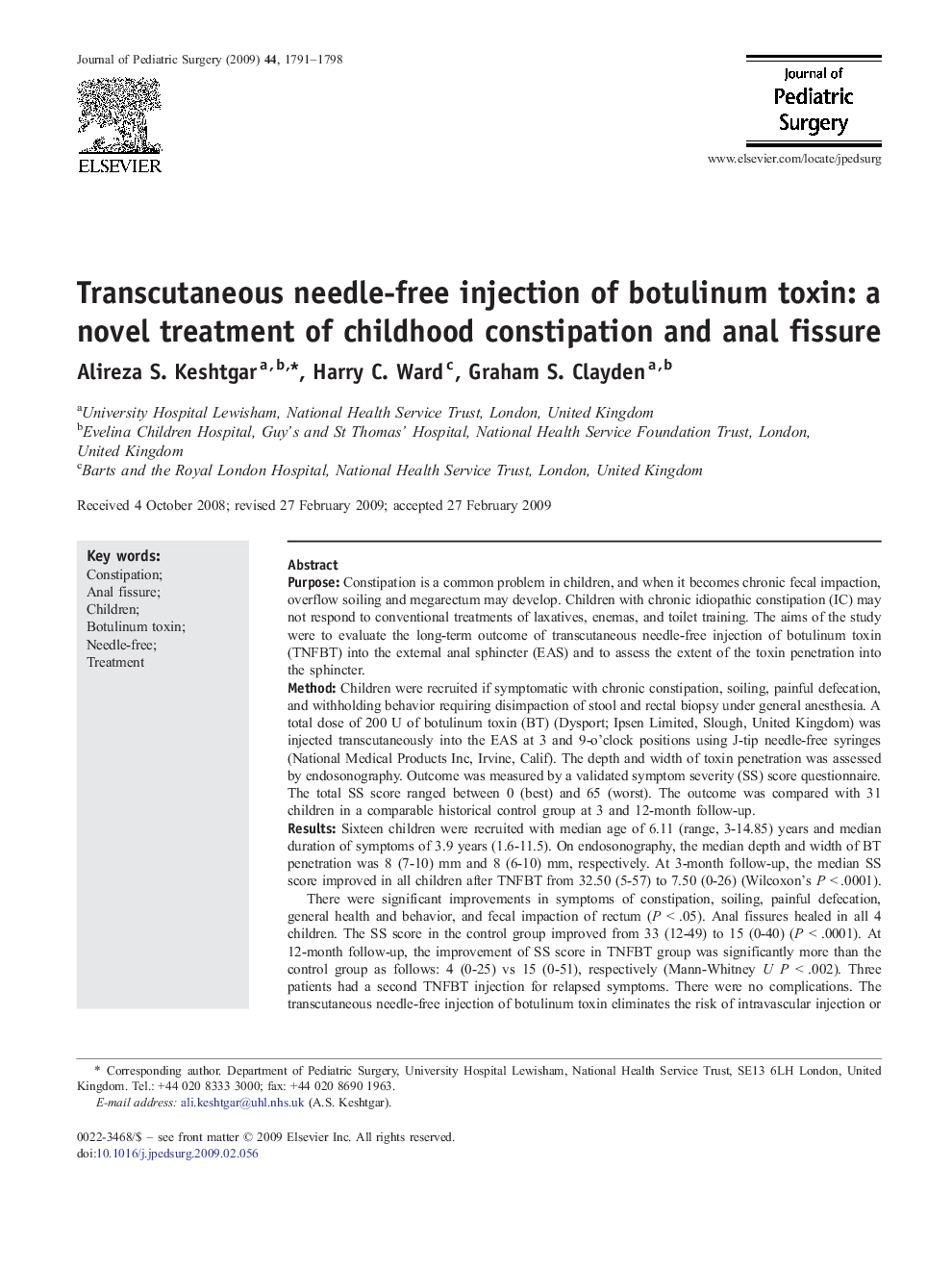 Transcutaneous needle-free injection of botulinum toxin: a novel treatment of childhood constipation and anal fissure