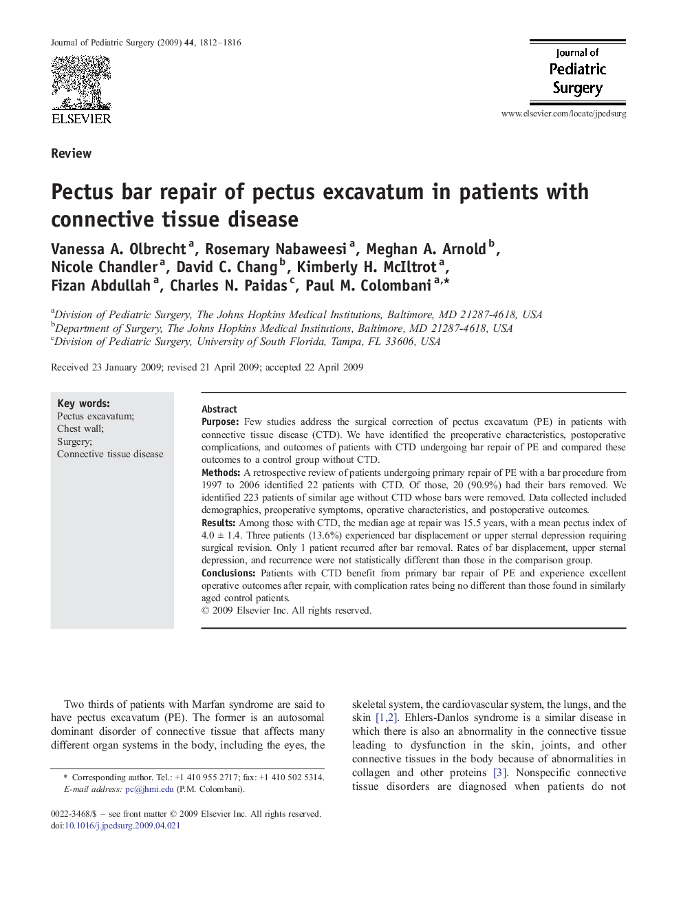 Pectus bar repair of pectus excavatum in patients with connective tissue disease