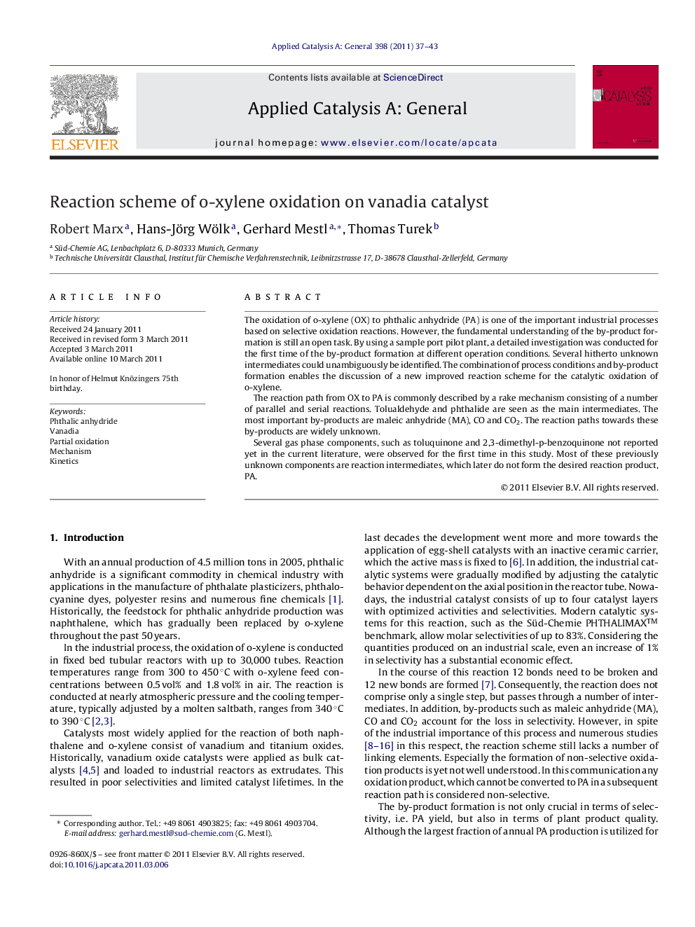 Reaction scheme of o-xylene oxidation on vanadia catalyst