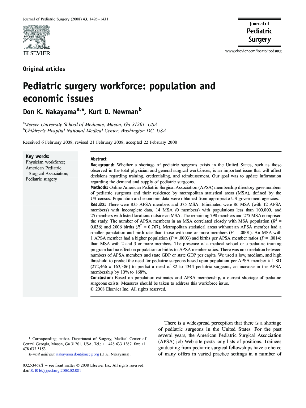 Pediatric surgery workforce: population and economic issues