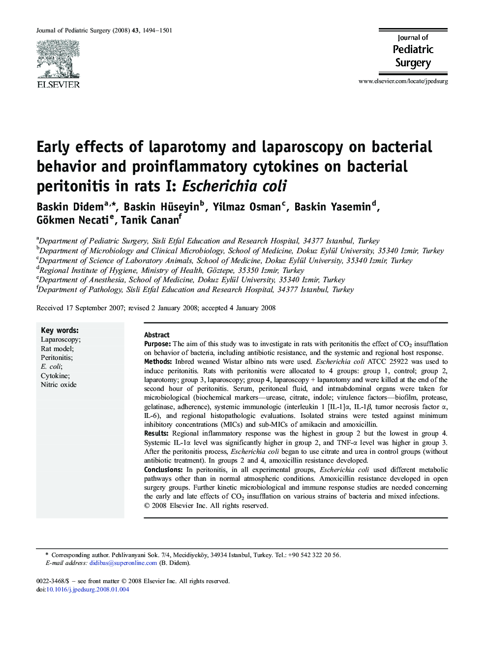 Early effects of laparotomy and laparoscopy on bacterial behavior and proinflammatory cytokines on bacterial peritonitis in rats I: Escherichia coli
