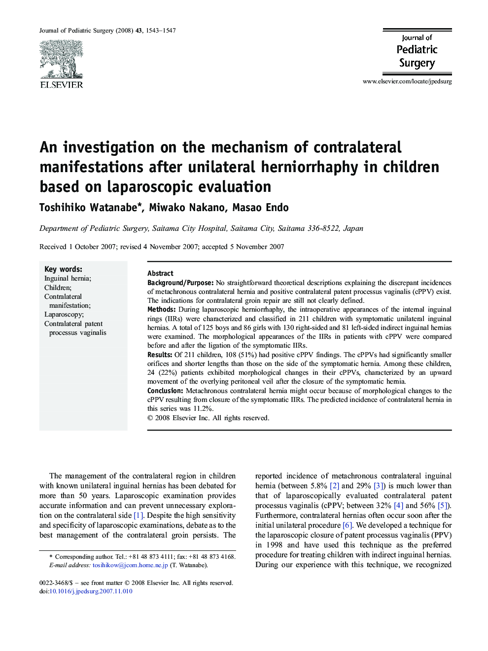 An investigation on the mechanism of contralateral manifestations after unilateral herniorrhaphy in children based on laparoscopic evaluation
