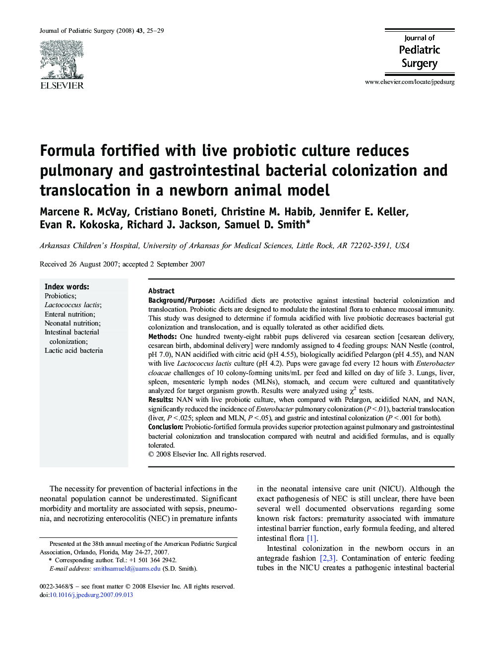 Formula fortified with live probiotic culture reduces pulmonary and gastrointestinal bacterial colonization and translocation in a newborn animal model 