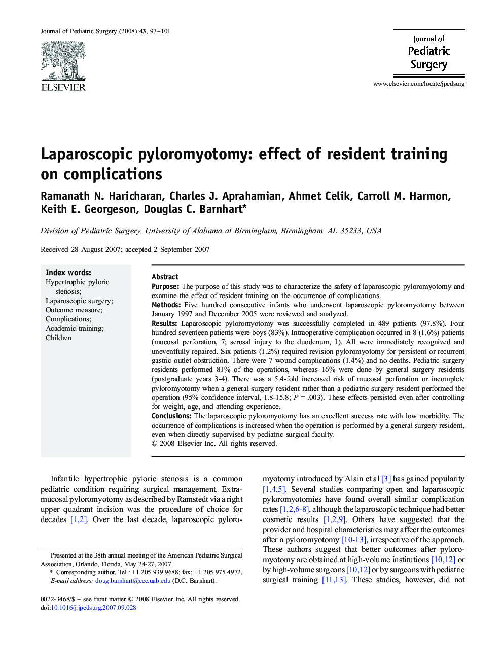 Laparoscopic pyloromyotomy: effect of resident training on complications 