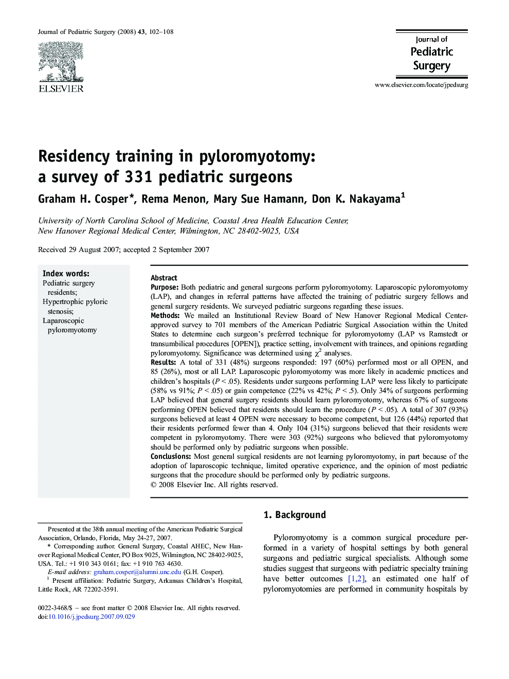 Residency training in pyloromyotomy: a survey of 331 pediatric surgeons 