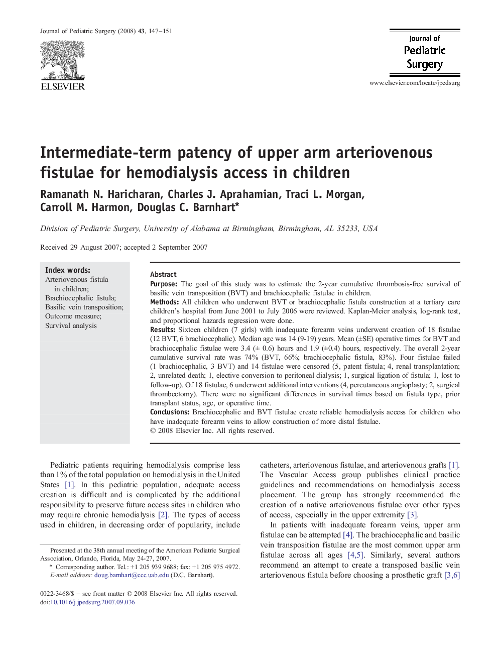 Intermediate-term patency of upper arm arteriovenous fistulae for hemodialysis access in children