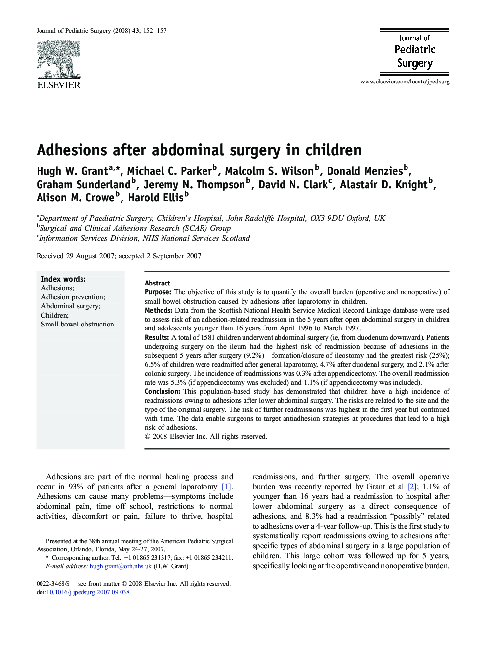 Adhesions after abdominal surgery in children