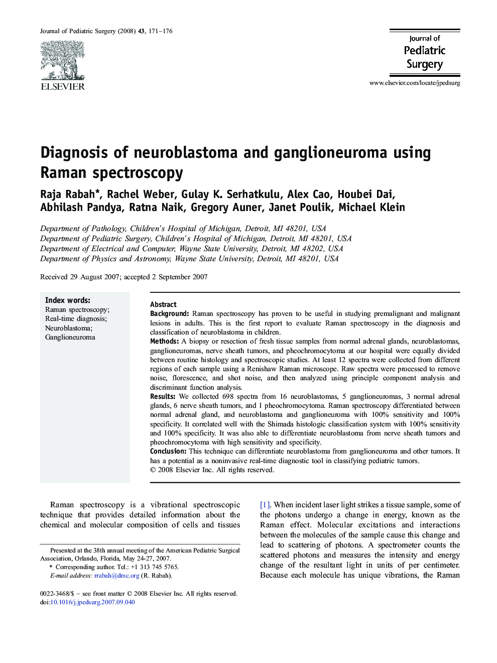 Diagnosis of neuroblastoma and ganglioneuroma using Raman spectroscopy 