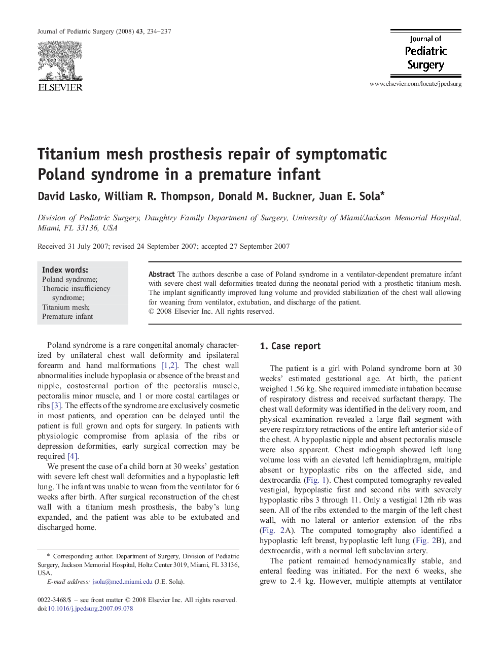 Titanium mesh prosthesis repair of symptomatic Poland syndrome in a premature infant