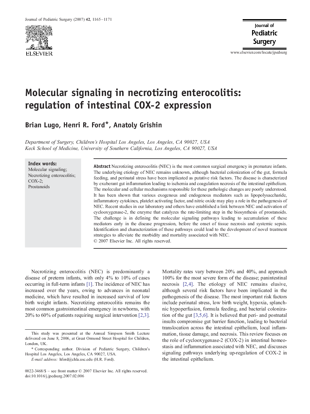 Molecular signaling in necrotizing enterocolitis: regulation of intestinal COX-2 expression 