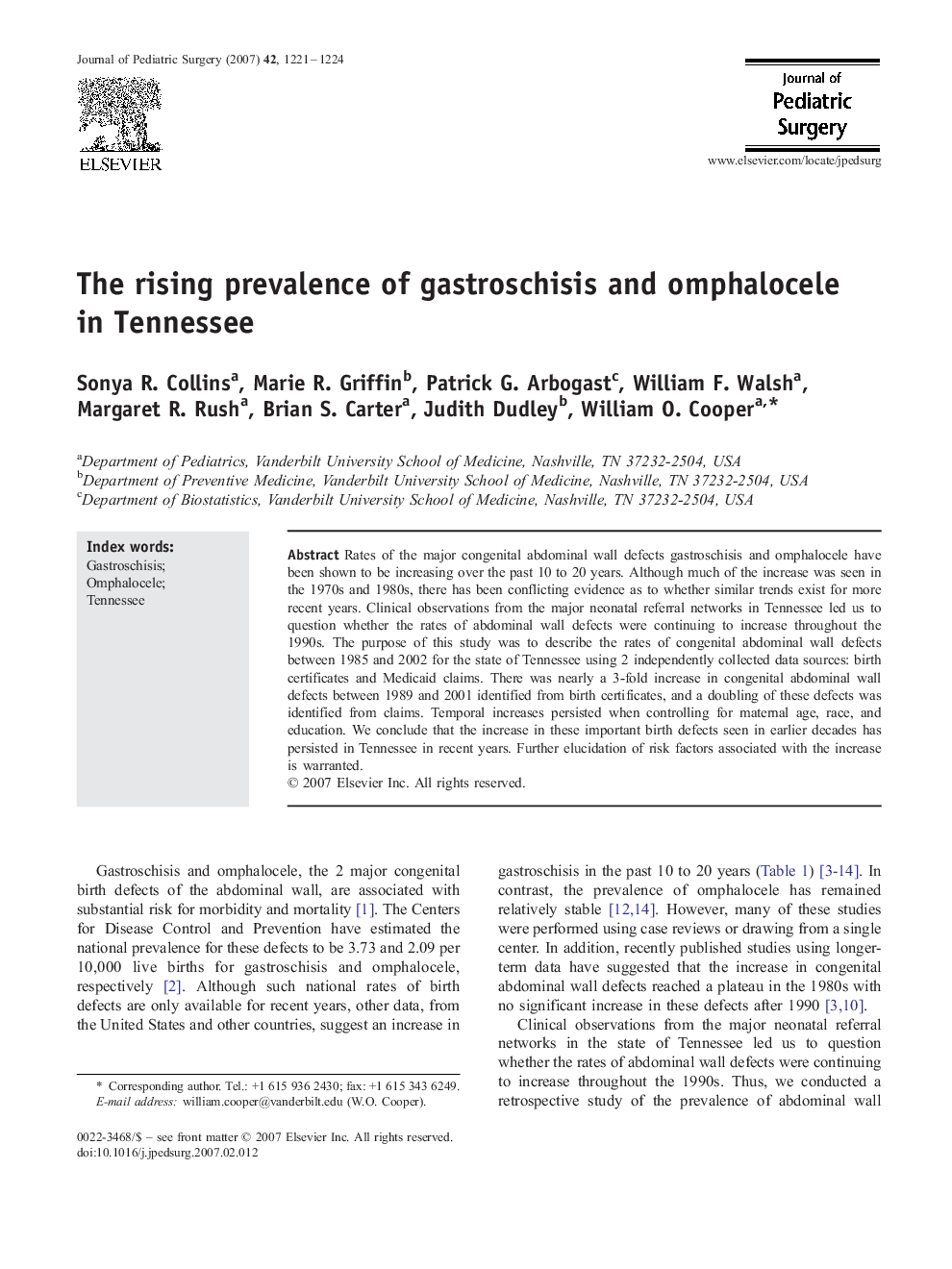 The rising prevalence of gastroschisis and omphalocele in Tennessee