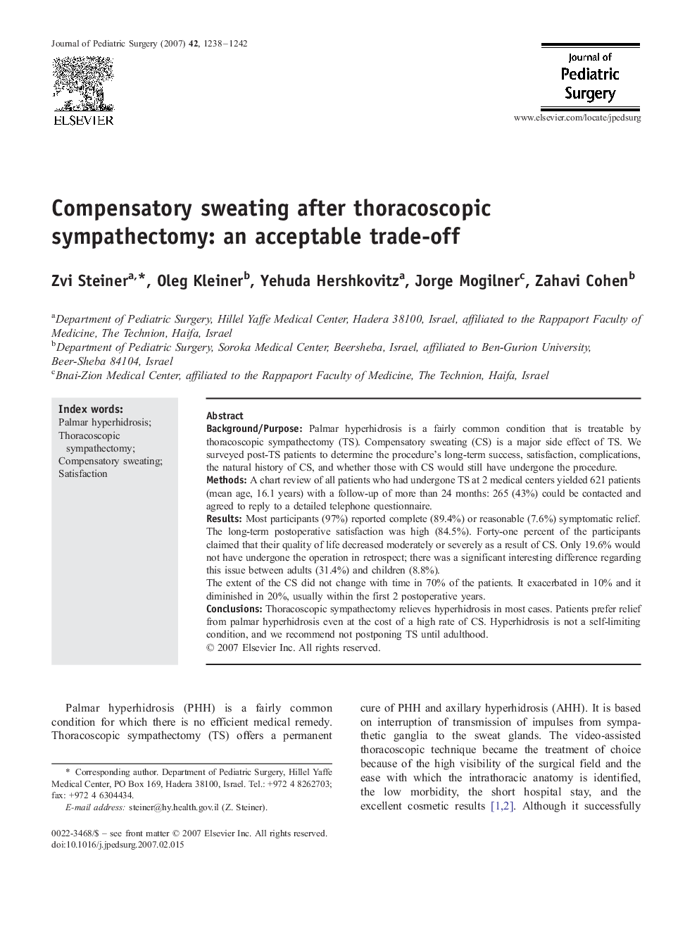 Compensatory sweating after thoracoscopic sympathectomy: an acceptable trade-off