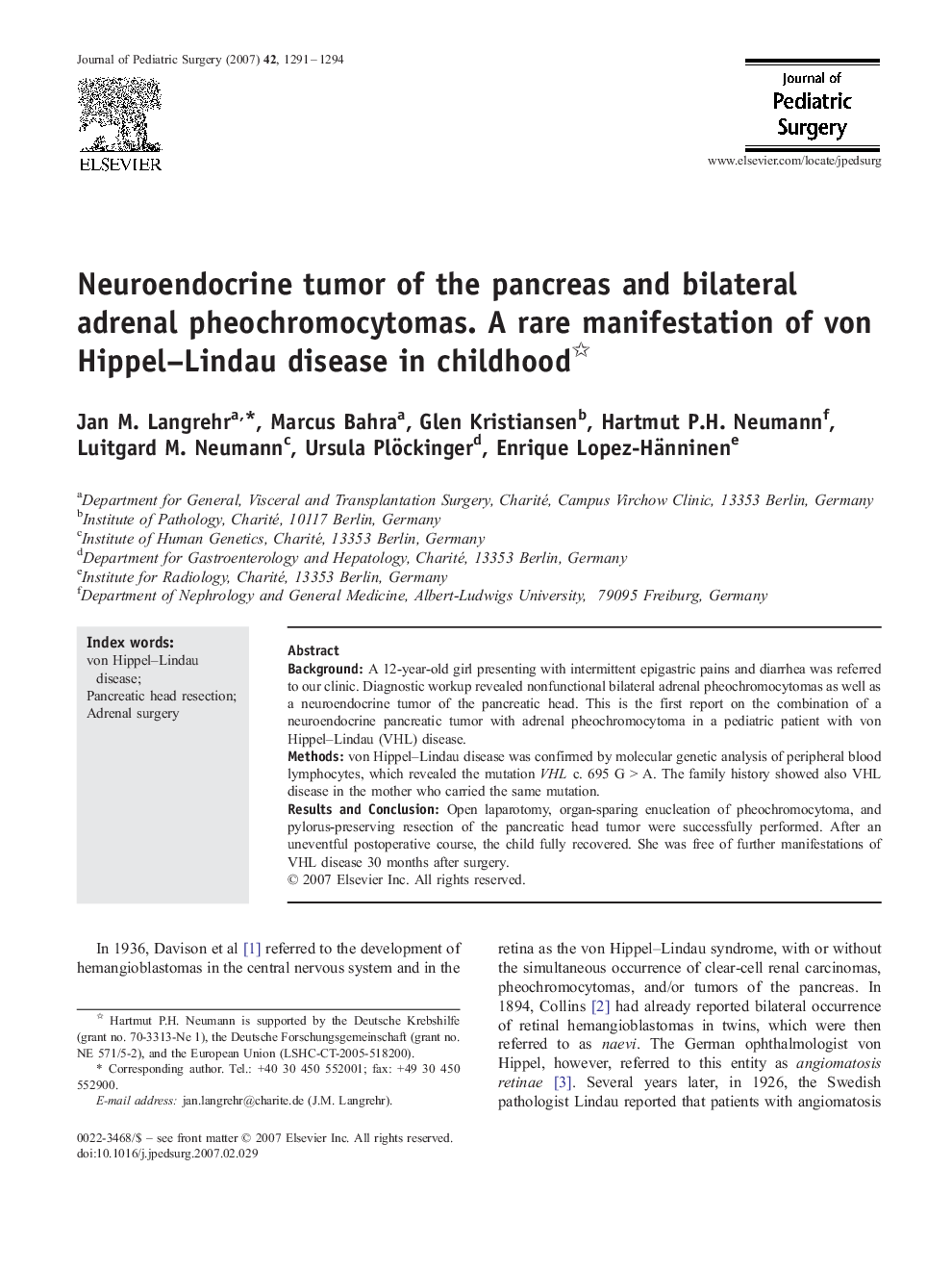 Neuroendocrine tumor of the pancreas and bilateral adrenal pheochromocytomas. A rare manifestation of von Hippel–Lindau disease in childhood 