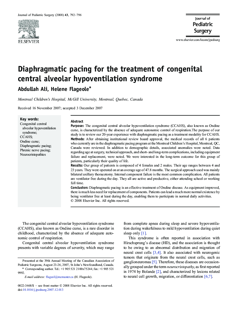 Diaphragmatic pacing for the treatment of congenital central alveolar hypoventilation syndrome 
