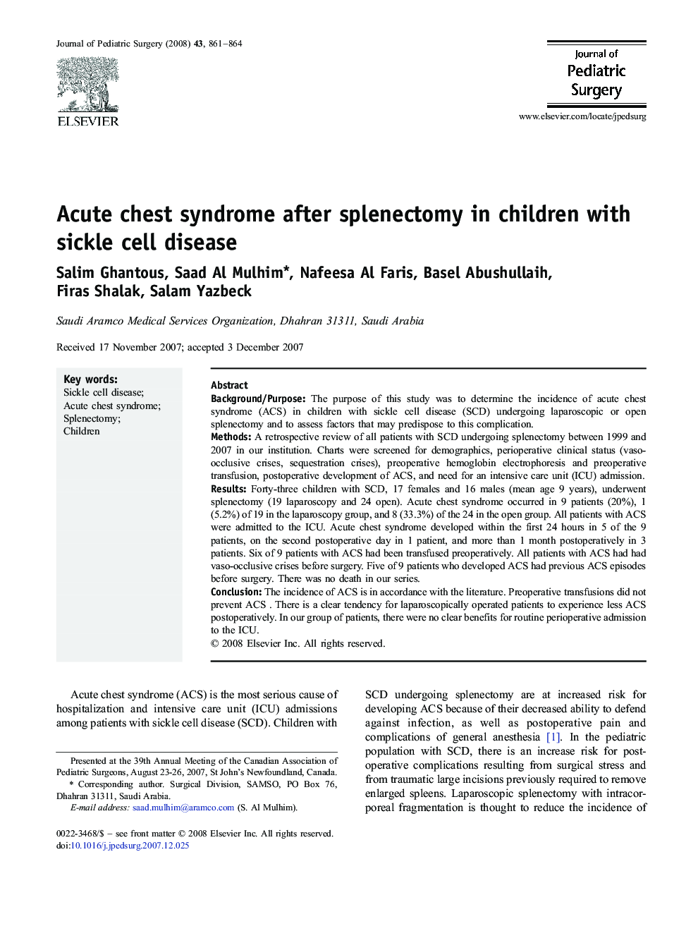 Acute chest syndrome after splenectomy in children with sickle cell disease 