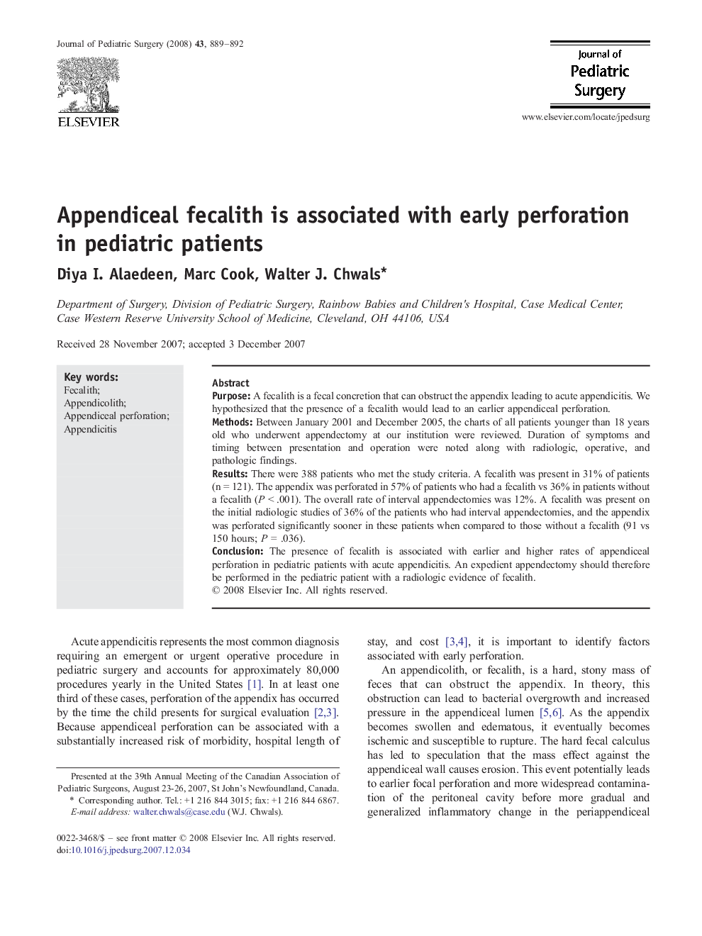 Appendiceal fecalith is associated with early perforation in pediatric patients 