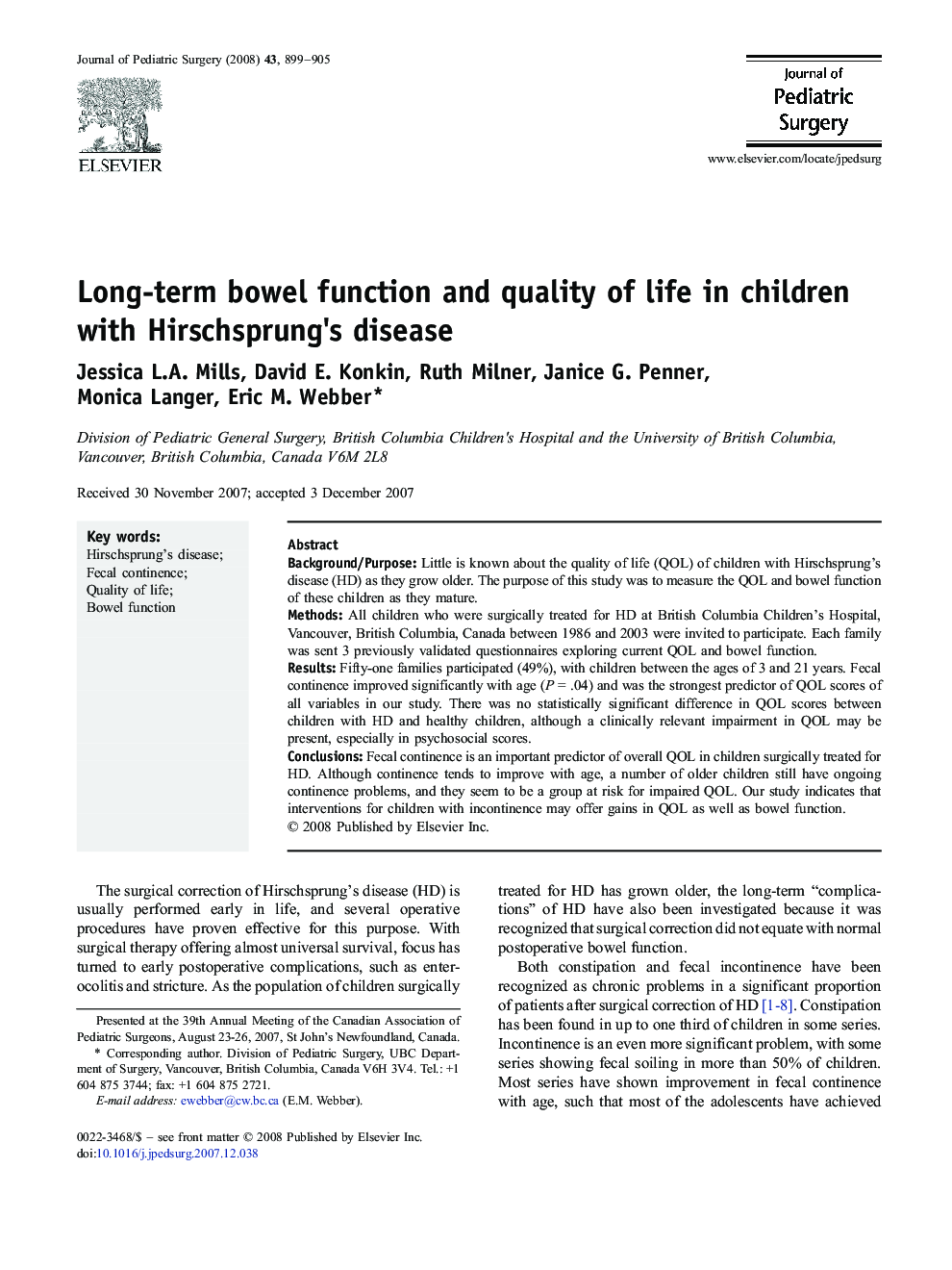 Long-term bowel function and quality of life in children with Hirschsprung's disease 