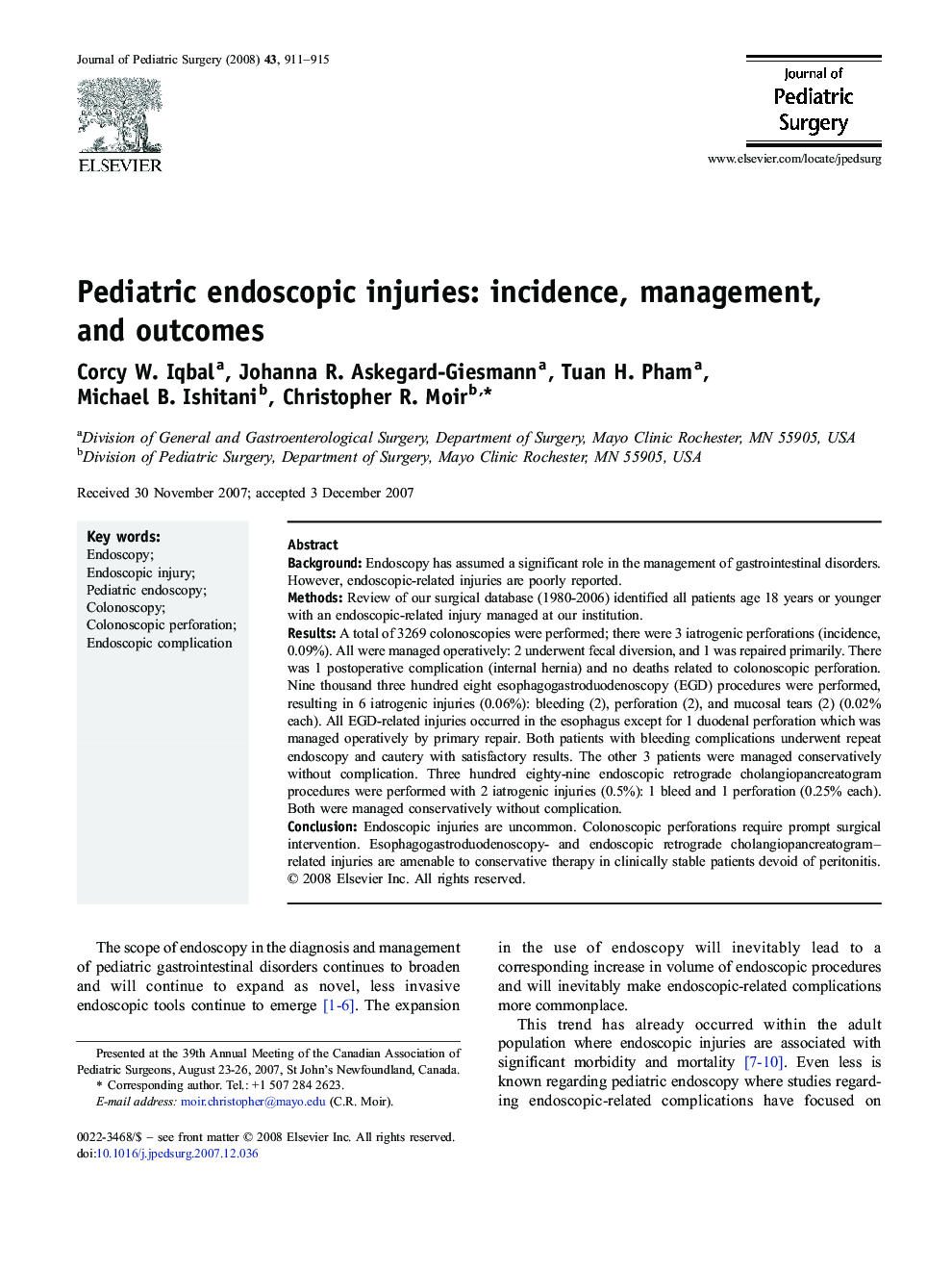 Pediatric endoscopic injuries: incidence, management, and outcomes 