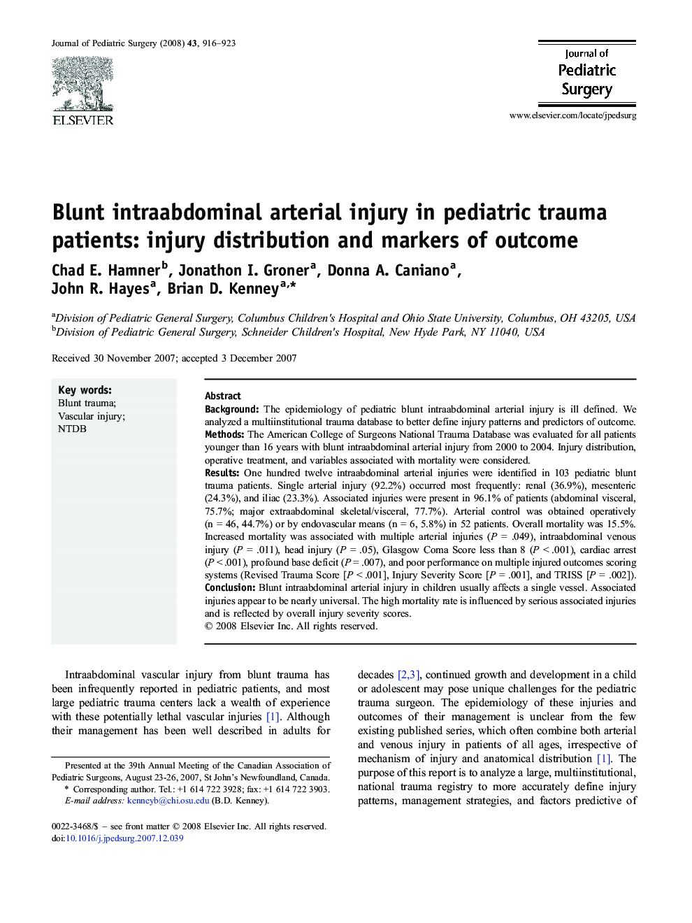 Blunt intraabdominal arterial injury in pediatric trauma patients: injury distribution and markers of outcome 