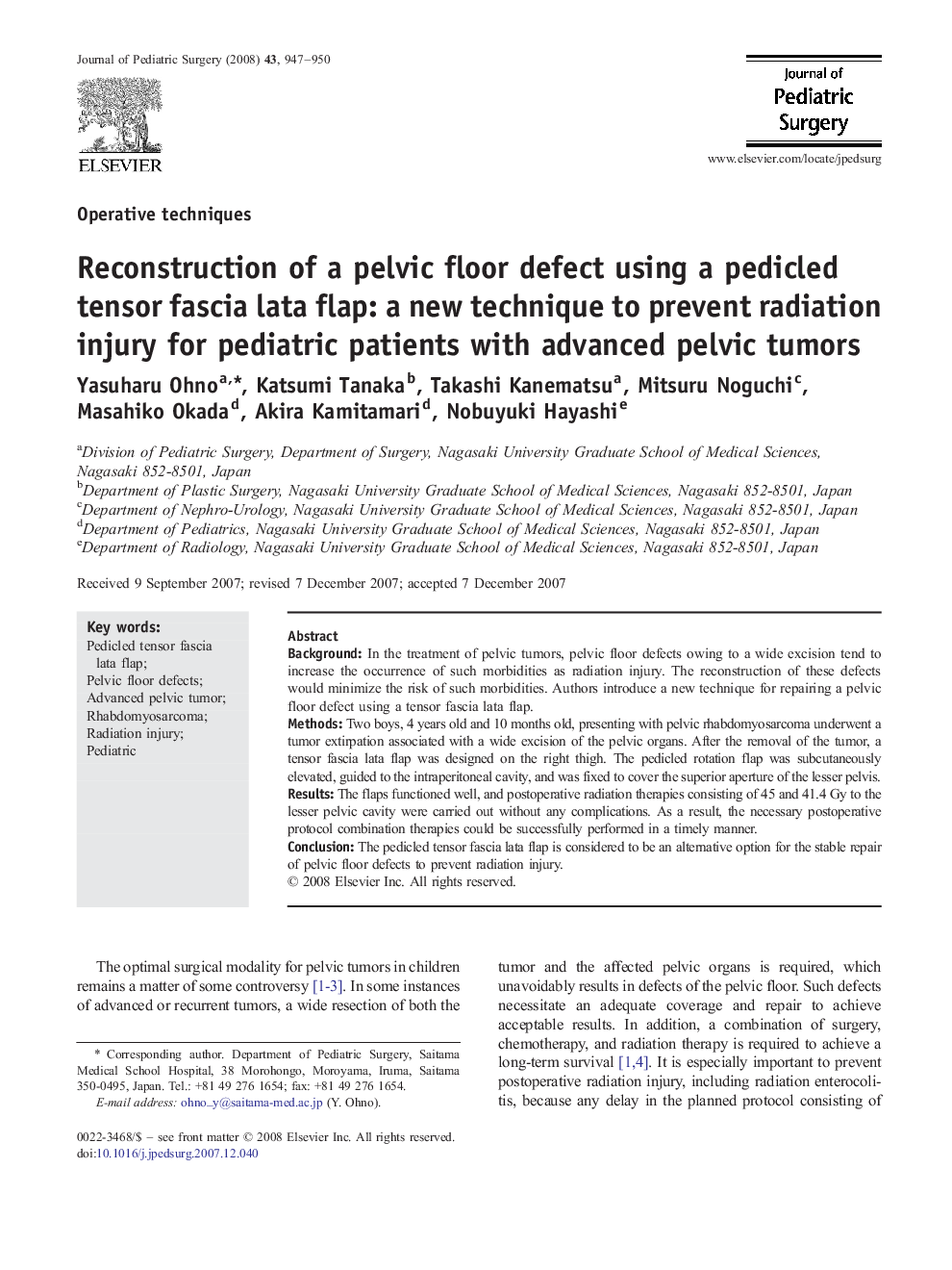 Reconstruction of a pelvic floor defect using a pedicled tensor fascia lata flap: a new technique to prevent radiation injury for pediatric patients with advanced pelvic tumors