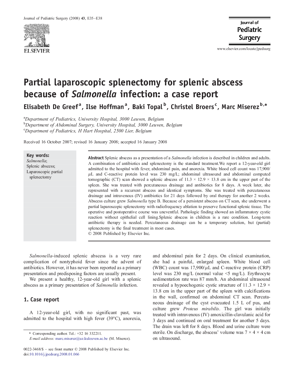 Partial laparoscopic splenectomy for splenic abscess because of Salmonella infection: a case report