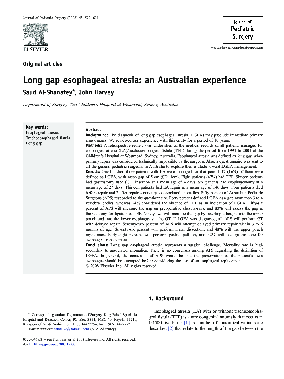 Long gap esophageal atresia: an Australian experience