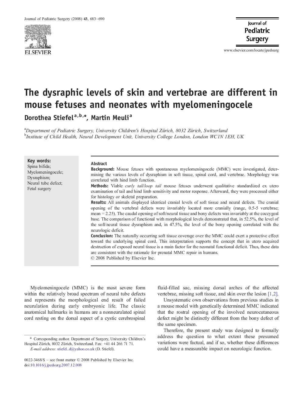 The dysraphic levels of skin and vertebrae are different in mouse fetuses and neonates with myelomeningocele