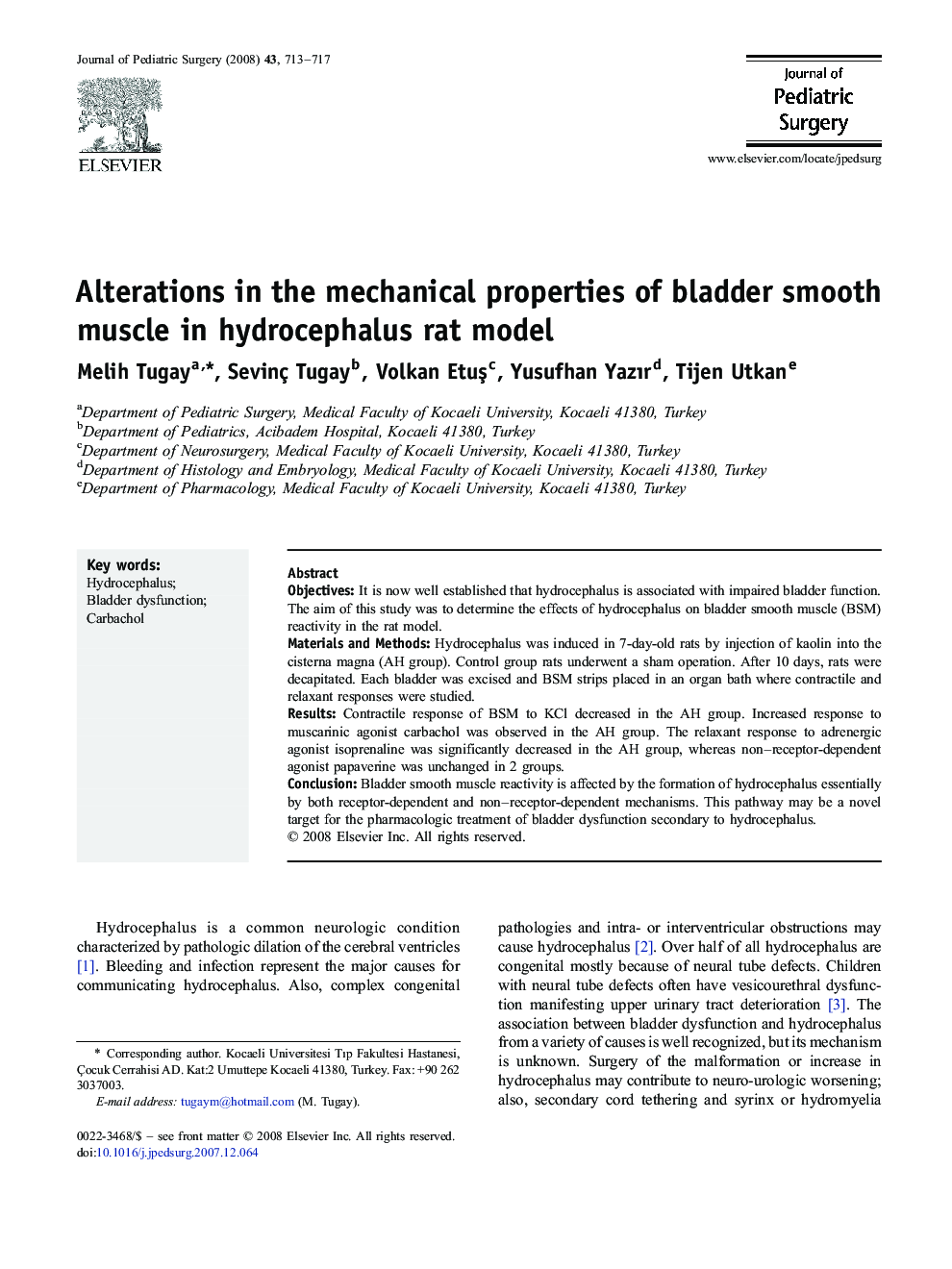 Alterations in the mechanical properties of bladder smooth muscle in hydrocephalus rat model