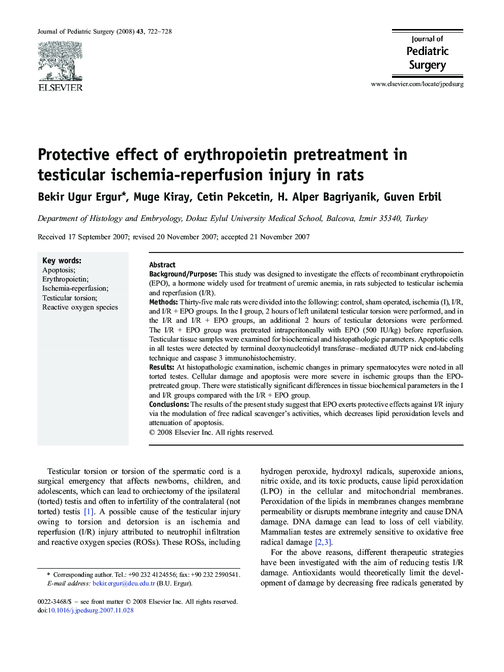 Protective effect of erythropoietin pretreatment in testicular ischemia-reperfusion injury in rats