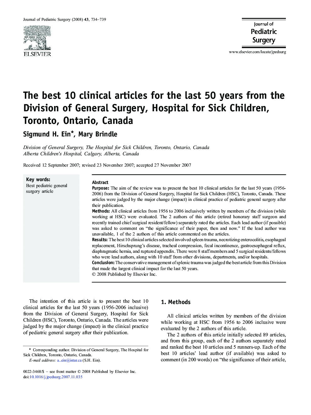 The best 10 clinical articles for the last 50 years from the Division of General Surgery, Hospital for Sick Children, Toronto, Ontario, Canada
