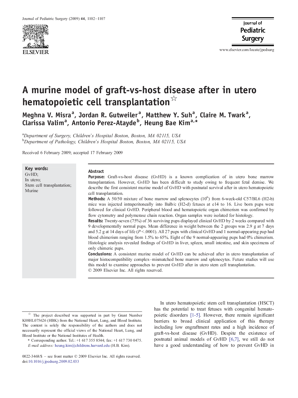 A murine model of graft-vs-host disease after in utero hematopoietic cell transplantation 