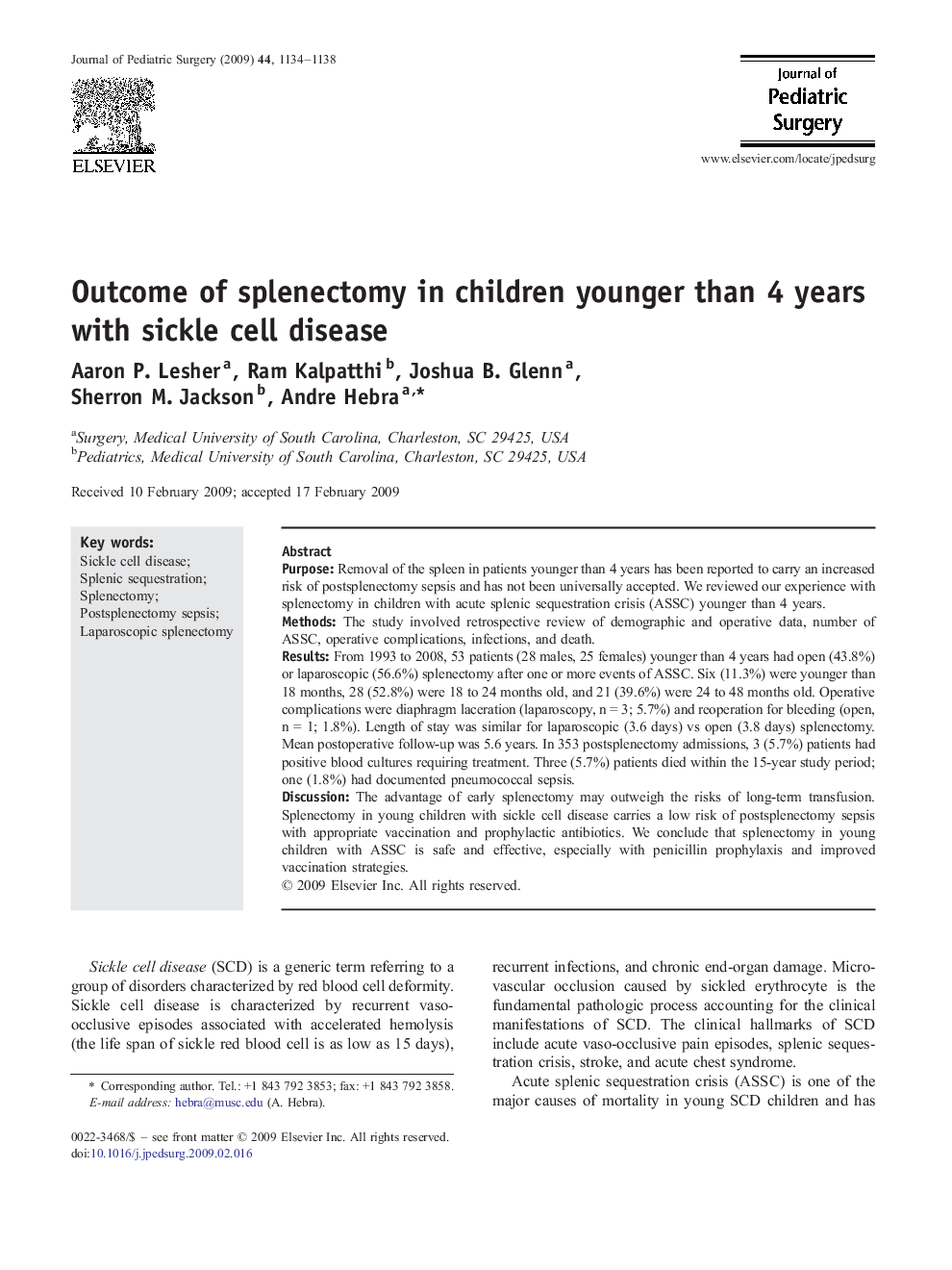 Outcome of splenectomy in children younger than 4 years with sickle cell disease