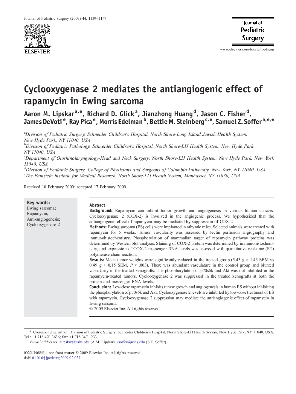 Cyclooxygenase 2 mediates the antiangiogenic effect of rapamycin in Ewing sarcoma