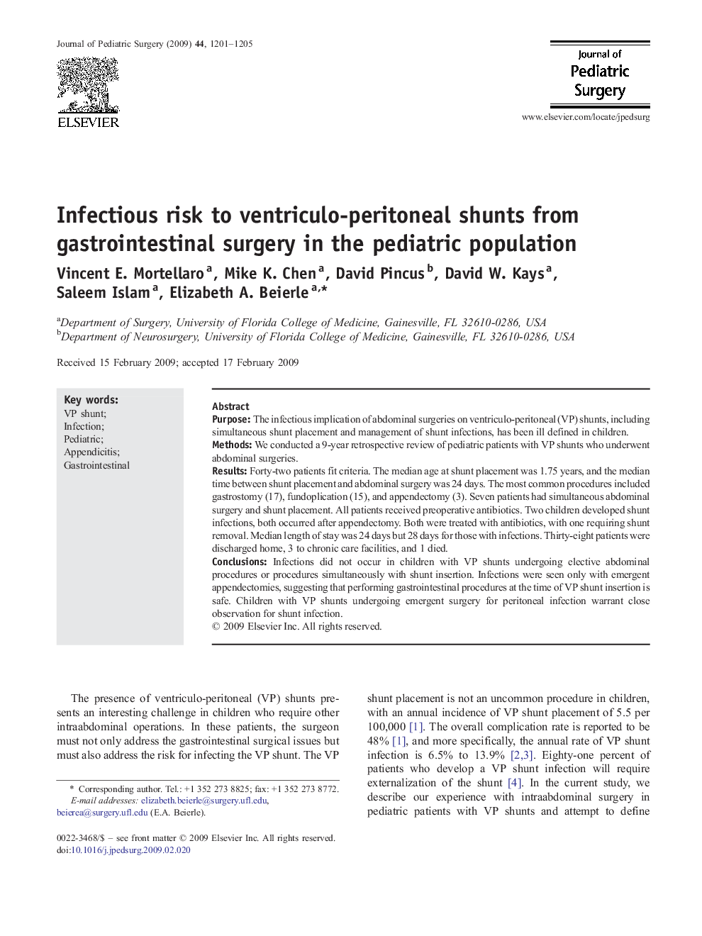 Infectious risk to ventriculo-peritoneal shunts from gastrointestinal surgery in the pediatric population