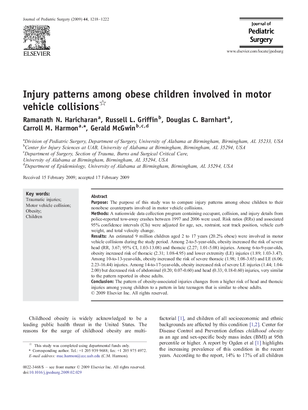 Injury patterns among obese children involved in motor vehicle collisions 