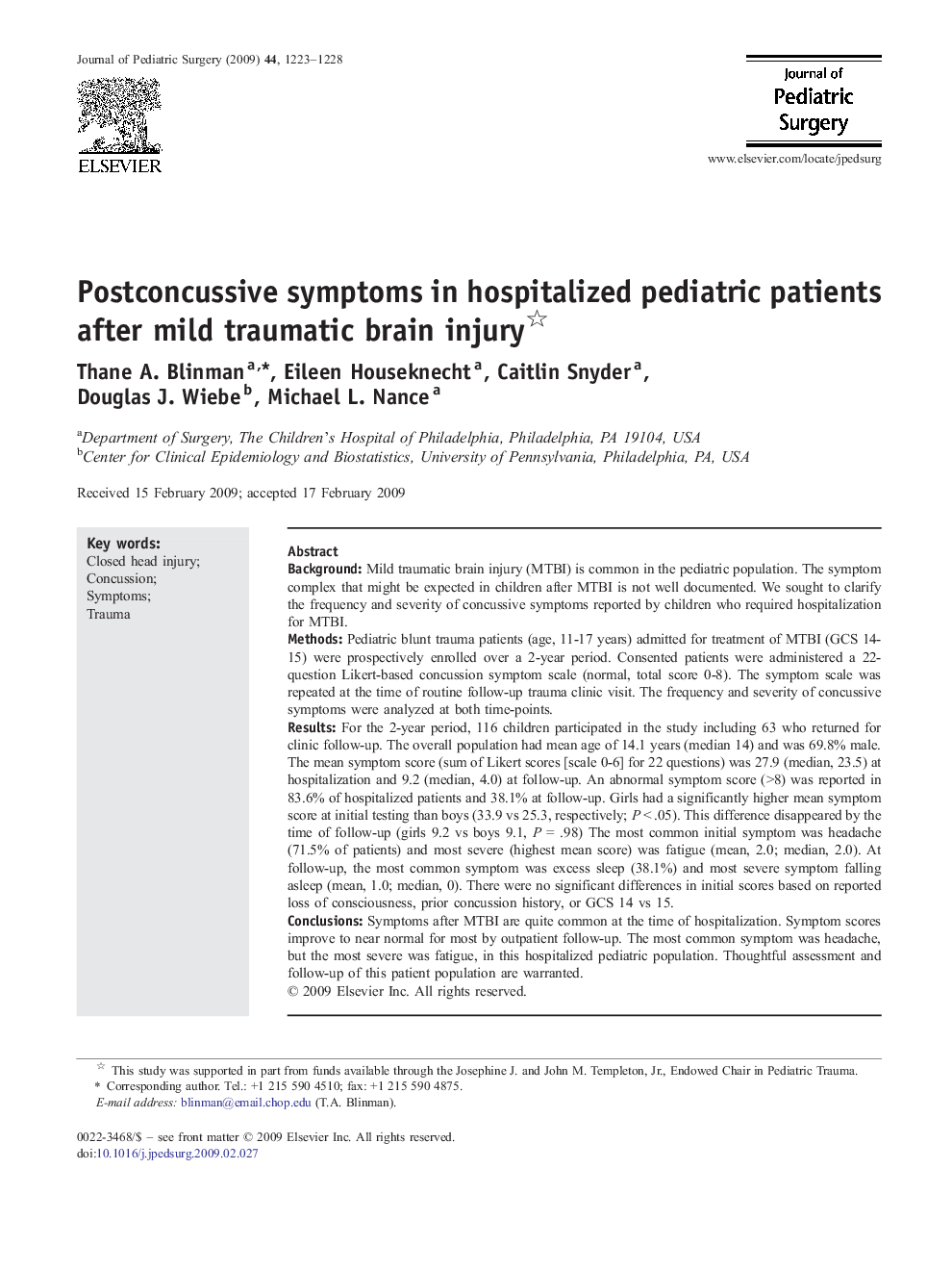 Postconcussive symptoms in hospitalized pediatric patients after mild traumatic brain injury 