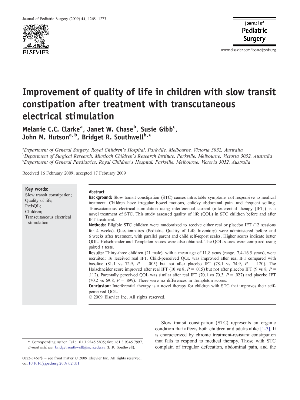 Improvement of quality of life in children with slow transit constipation after treatment with transcutaneous electrical stimulation