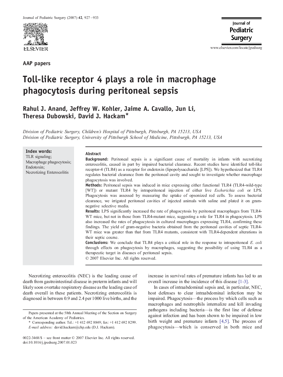 Toll-like receptor 4 plays a role in macrophage phagocytosis during peritoneal sepsis 