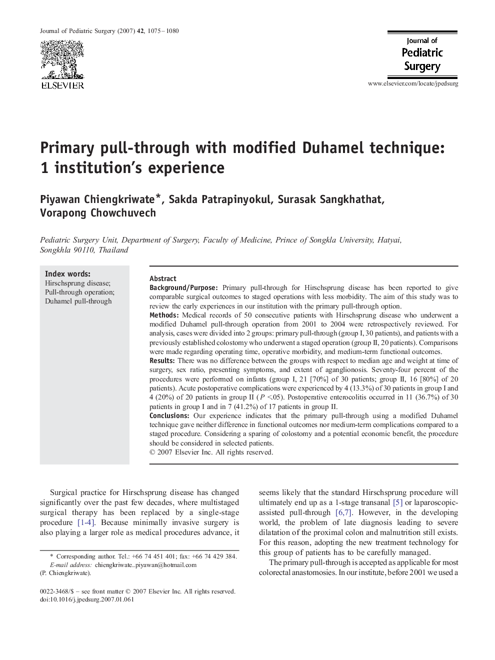 Primary pull-through with modified Duhamel technique: 1 institution's experience
