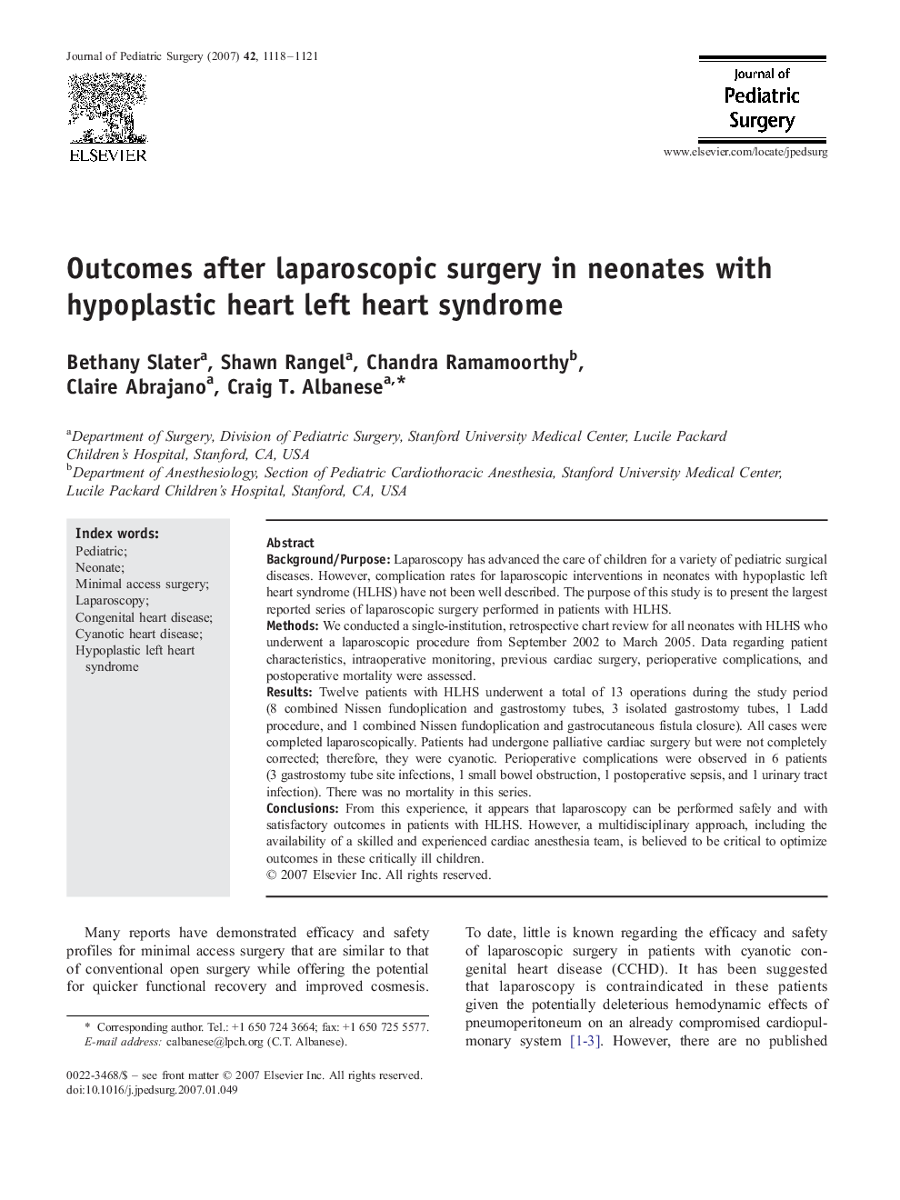 Outcomes after laparoscopic surgery in neonates with hypoplastic heart left heart syndrome