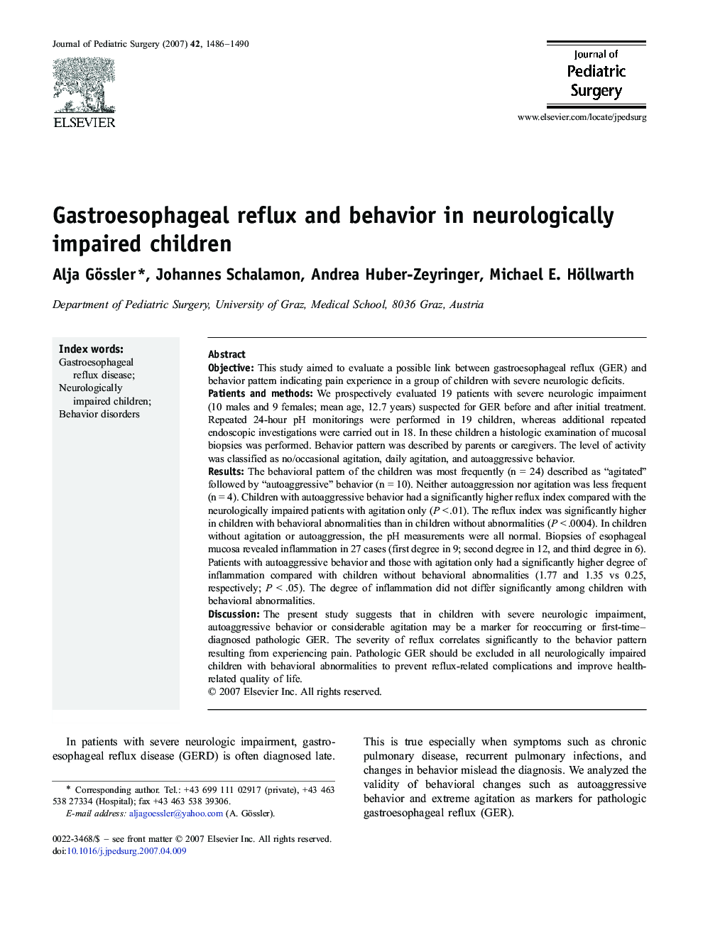 Gastroesophageal reflux and behavior in neurologically impaired children