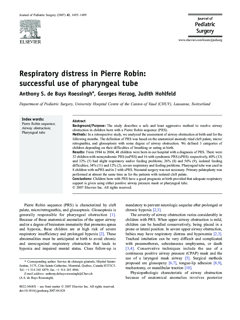 Respiratory distress in Pierre Robin: successful use of pharyngeal tube