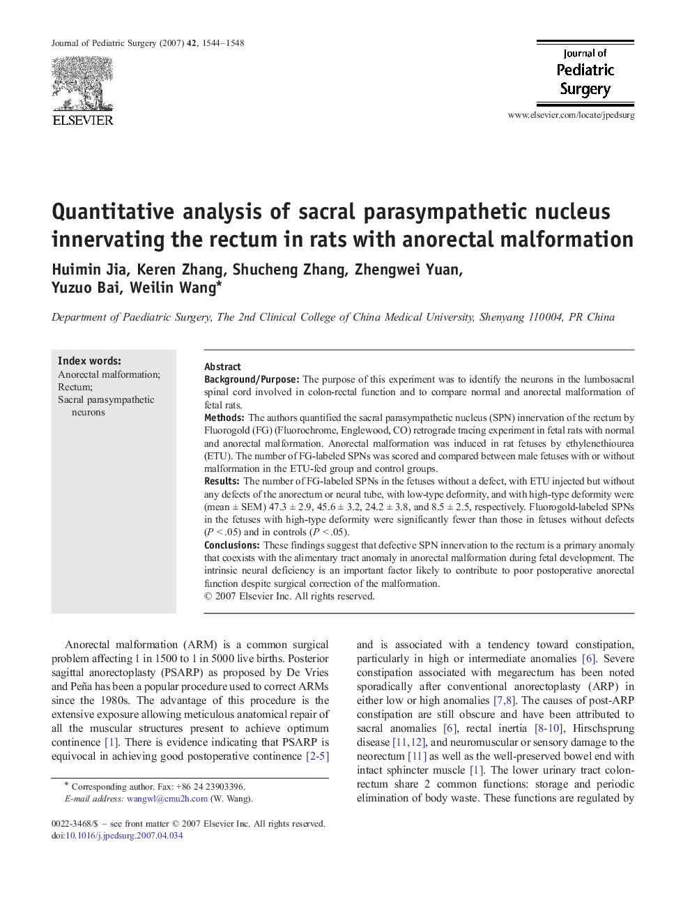 Quantitative analysis of sacral parasympathetic nucleus innervating the rectum in rats with anorectal malformation