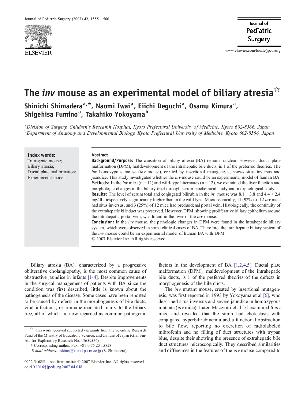 The inv mouse as an experimental model of biliary atresia 