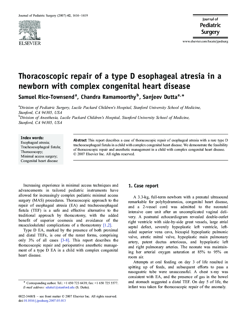 Thoracoscopic repair of a type D esophageal atresia in a newborn with complex congenital heart disease