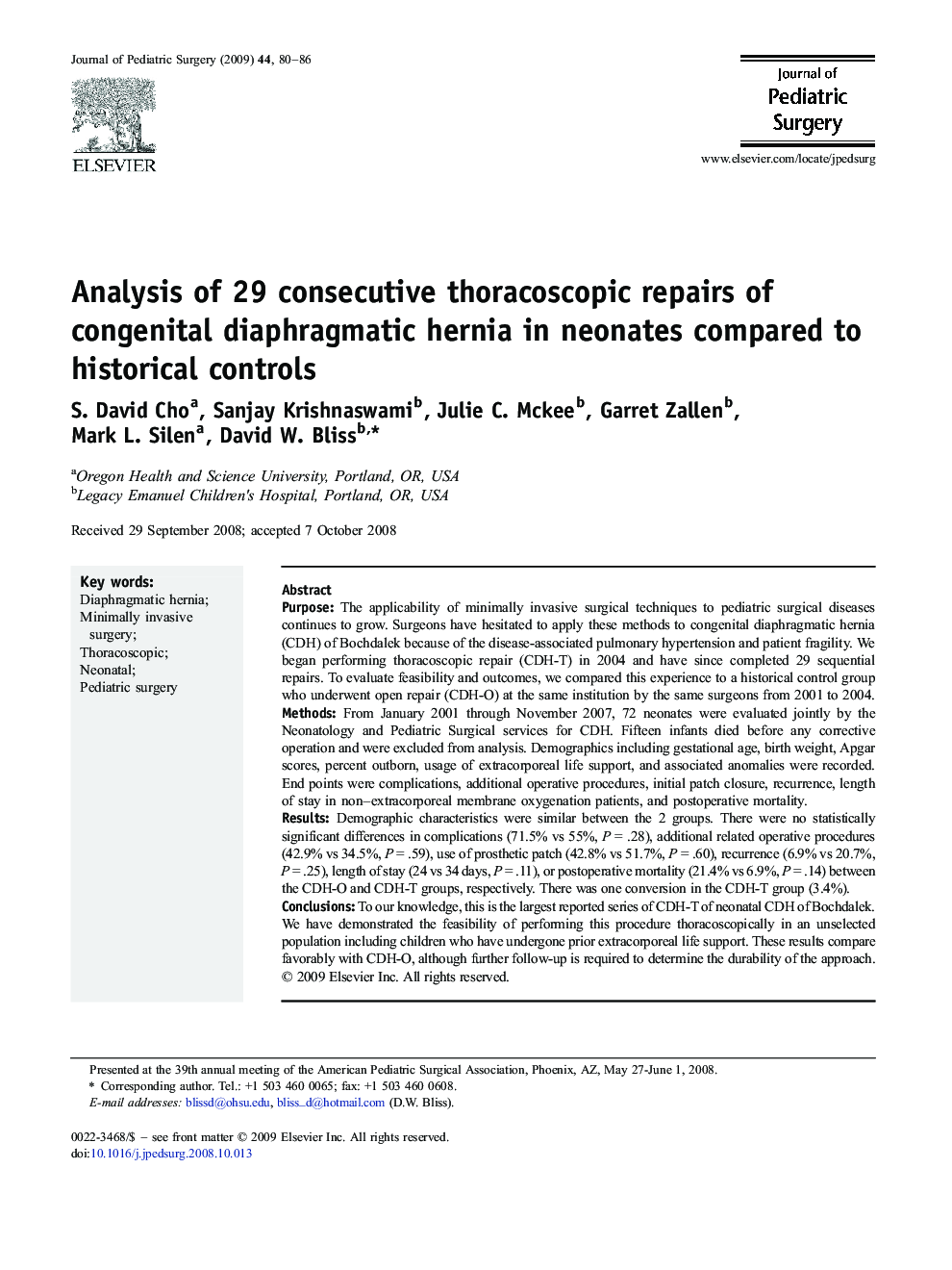 Analysis of 29 consecutive thoracoscopic repairs of congenital diaphragmatic hernia in neonates compared to historical controls 