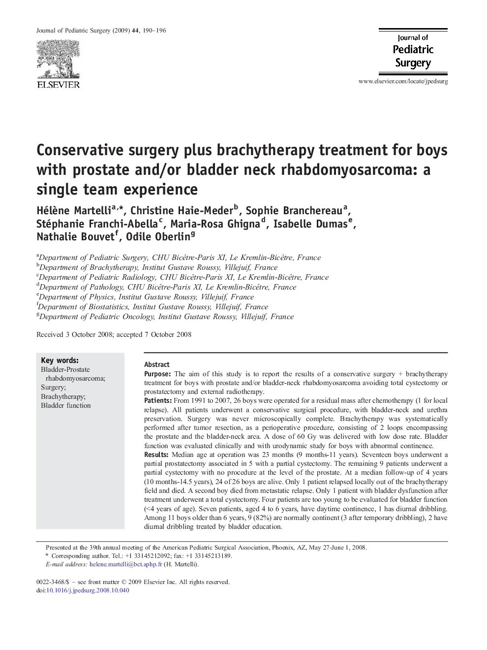 Conservative surgery plus brachytherapy treatment for boys with prostate and/or bladder neck rhabdomyosarcoma: a single team experience 