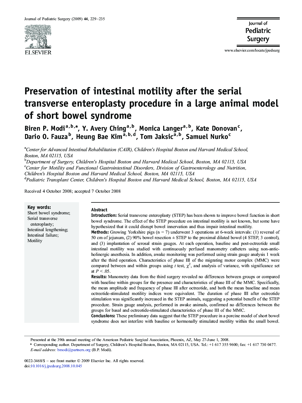 Preservation of intestinal motility after the serial transverse enteroplasty procedure in a large animal model of short bowel syndrome 