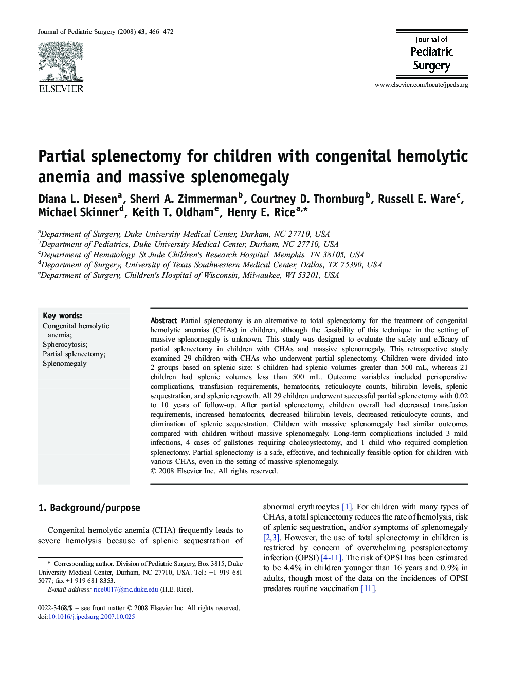 Partial splenectomy for children with congenital hemolytic anemia and massive splenomegaly